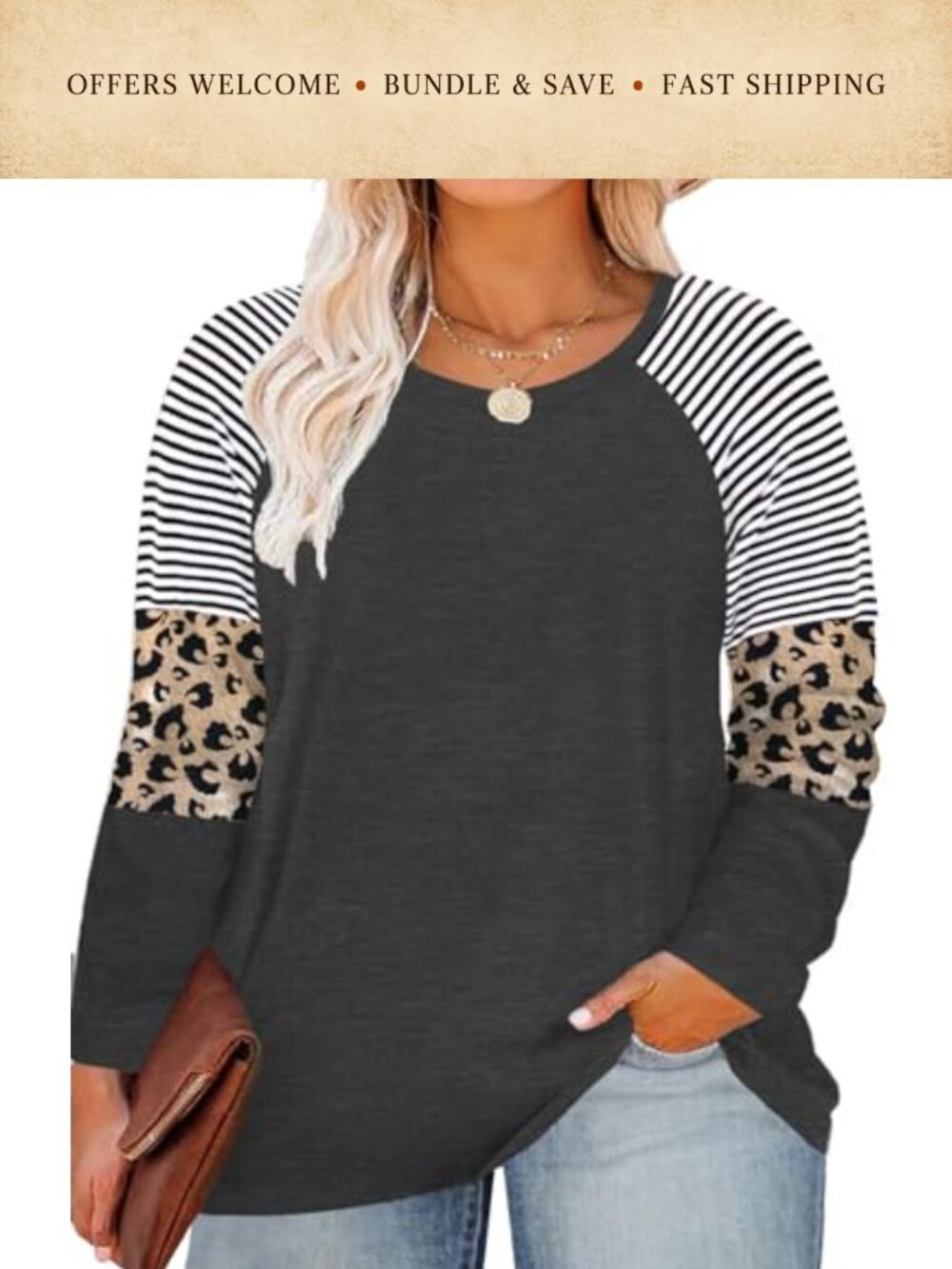 Womens Plus Size Long Sleeve Tunic Tee Leopard Print Color Block Shirt